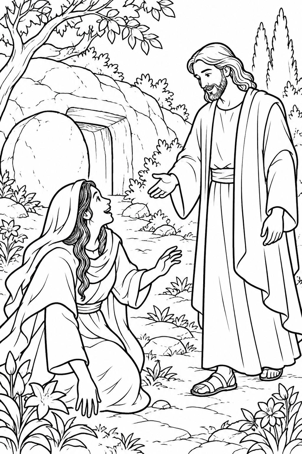 Mary Magdalene Recognizes Jesus from Jesus Appears to Mary Magdalene Bible coloring page