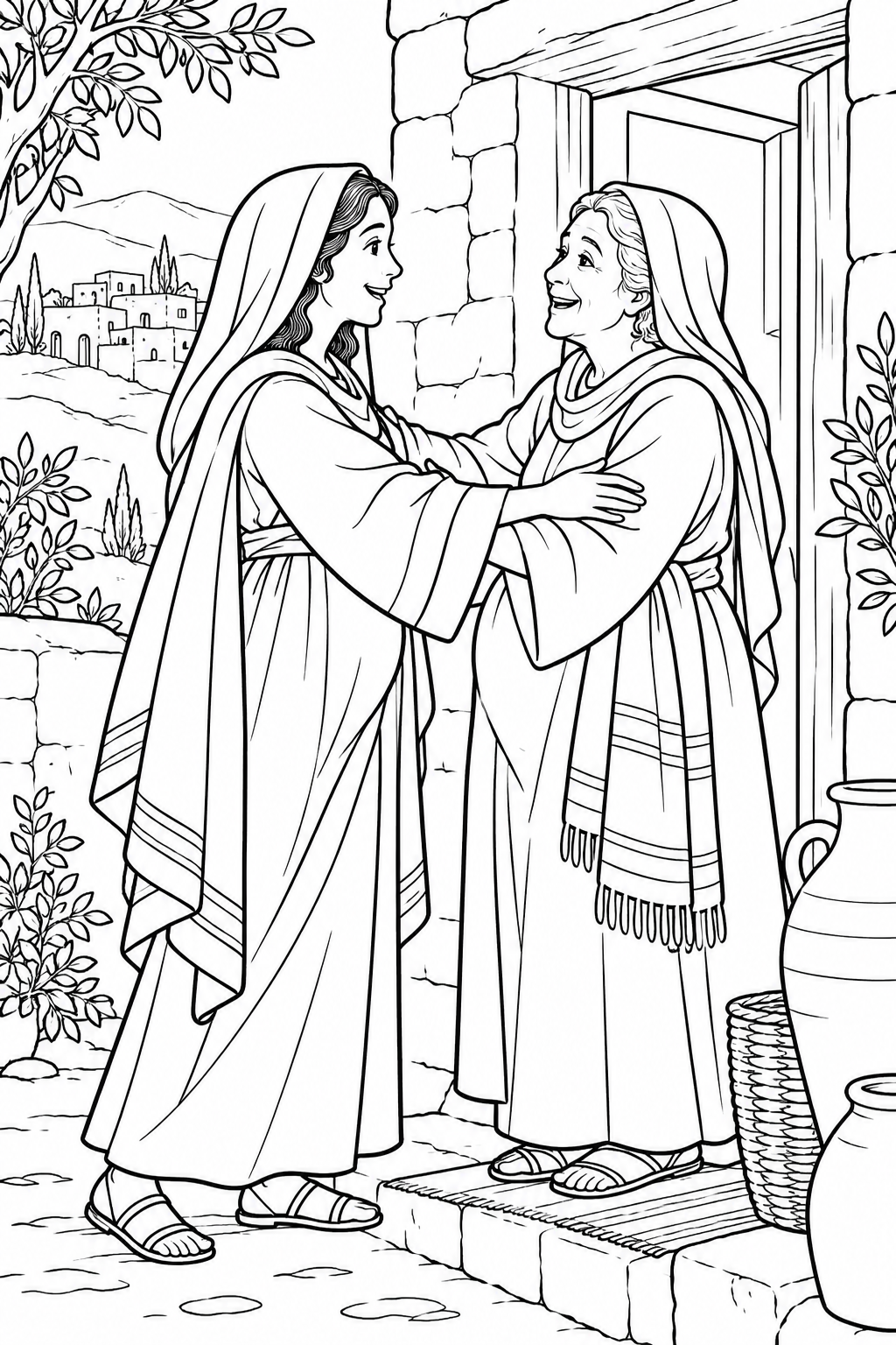 Mary Greets Elizabeth from Mary Visits Elizabeth Bible coloring page