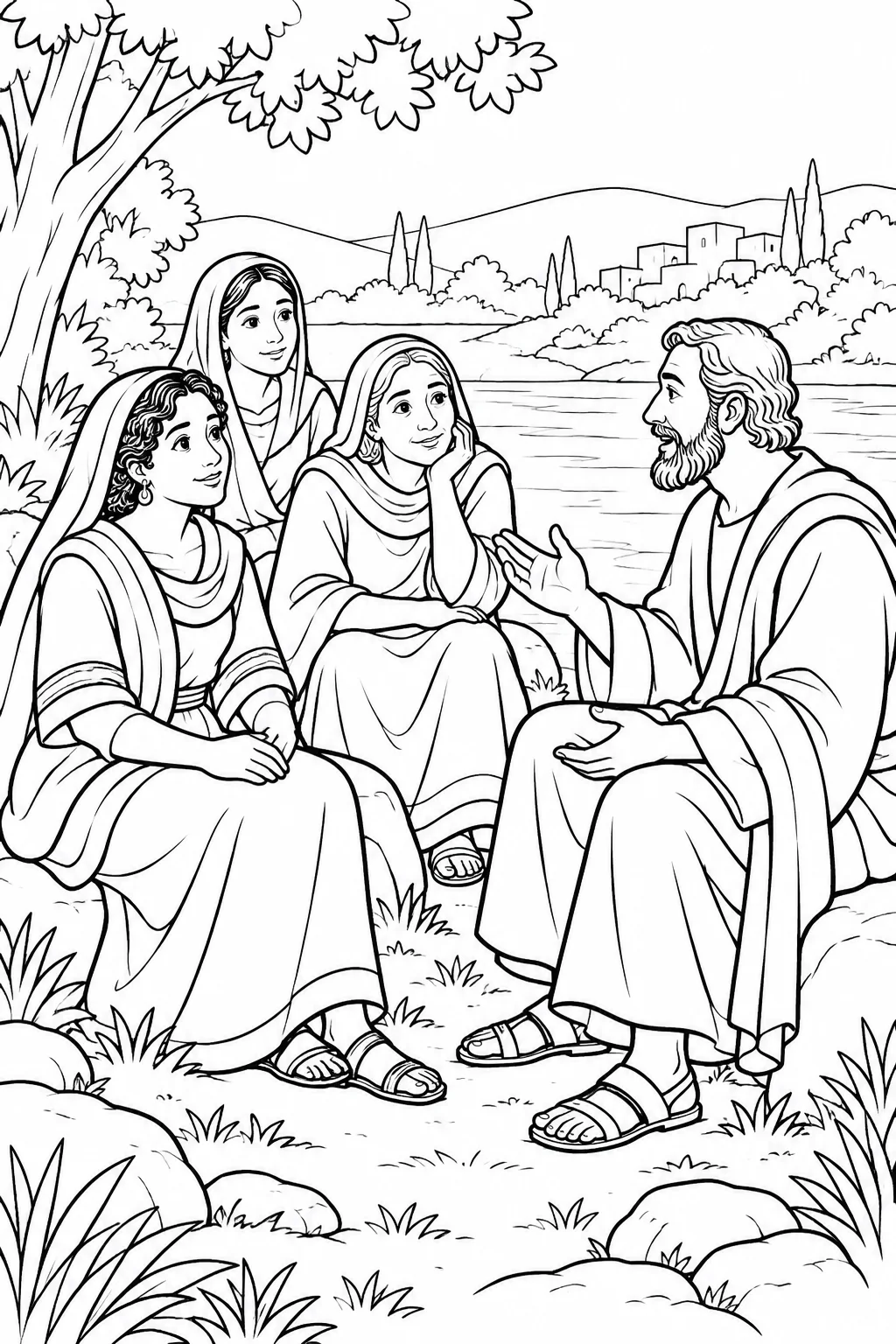 Lydia Listens by the River Bible coloring page