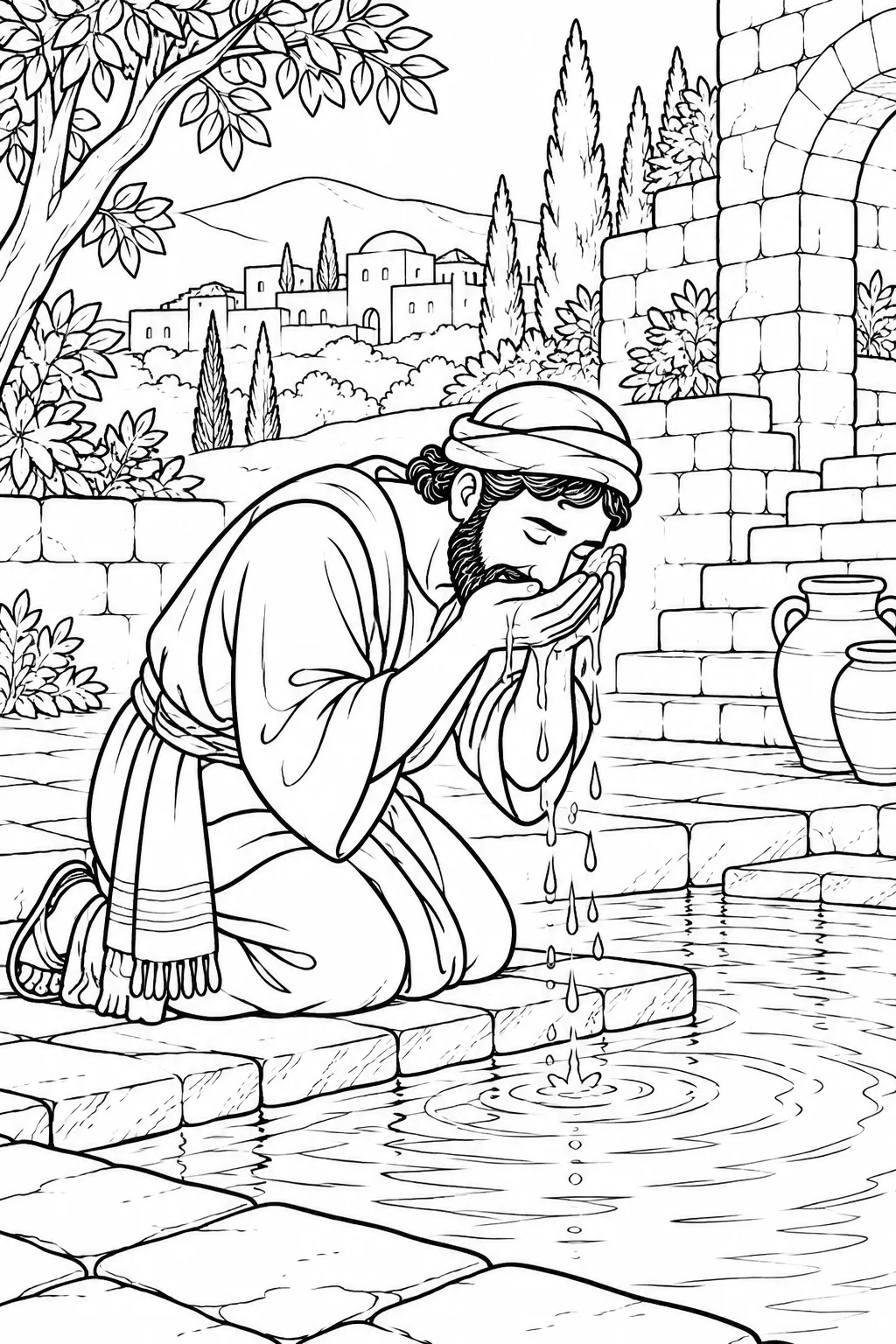 The Man Washes at Siloam Bible coloring page