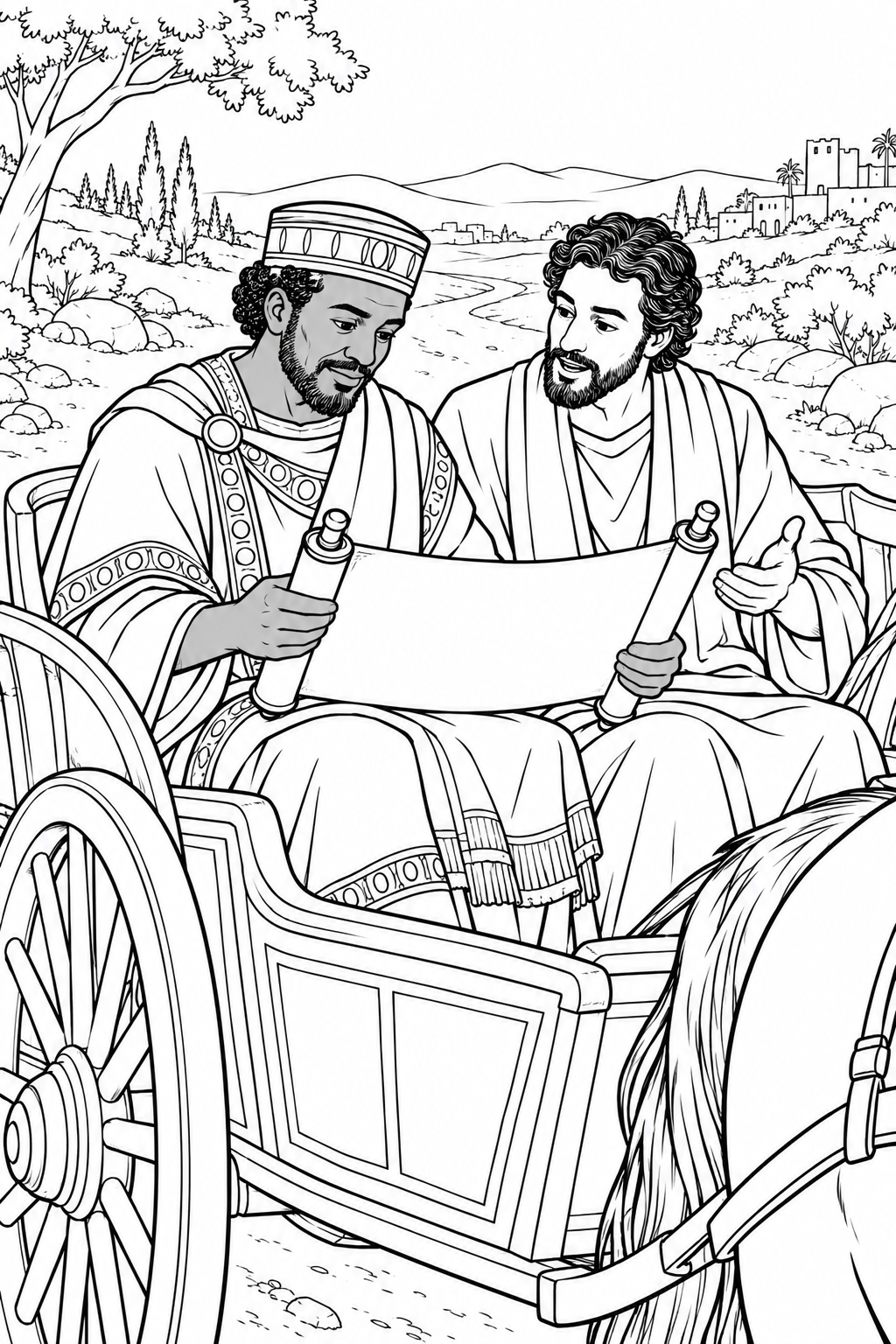 Philip Explains the Scroll from Philip and the Ethiopian Official Bible coloring page