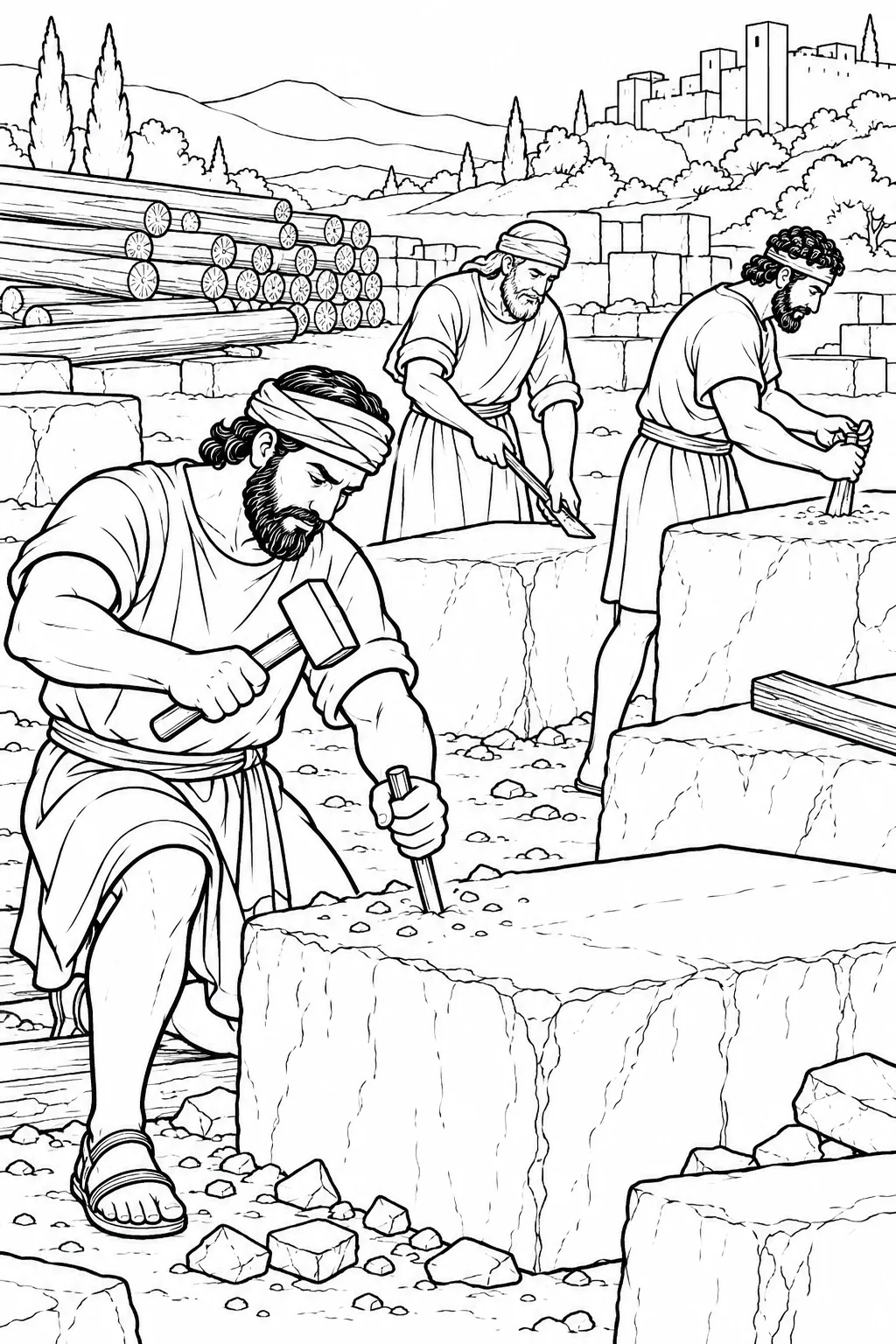 Workers Prepare the Foundation Stones Bible coloring page