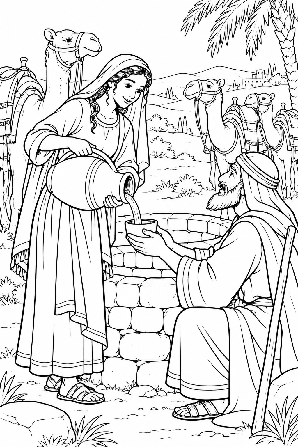 Rebekah Offers Water from Rebekah at the Well Bible coloring page