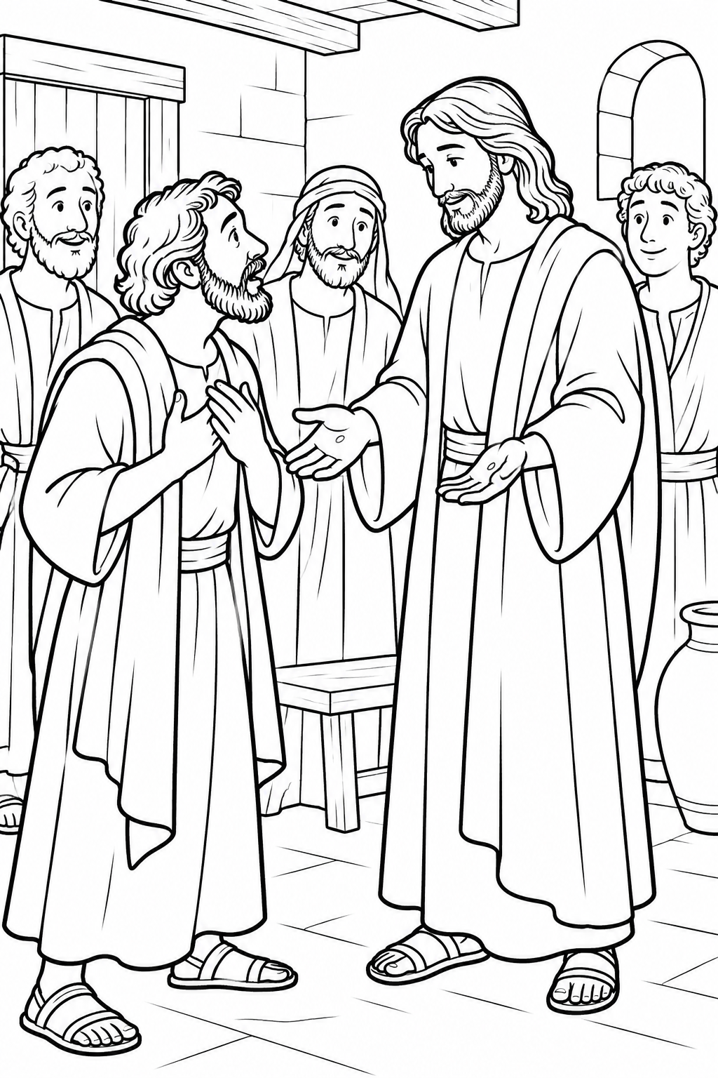 Jesus Welcomes Thomas from Thomas Meets the Risen Jesus Bible coloring page