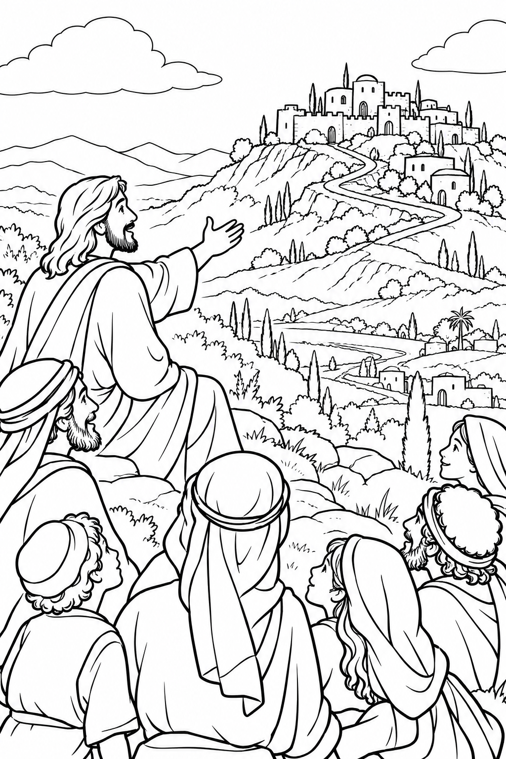 A City on a Hill from The Sermon on the Mount Bible coloring page