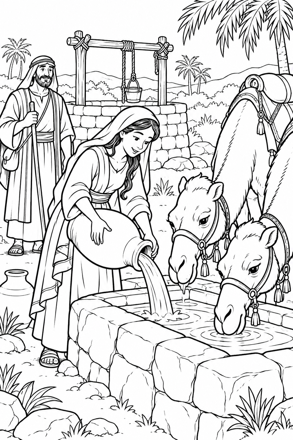 Water for the Camels from Rebekah at the Well Bible coloring page