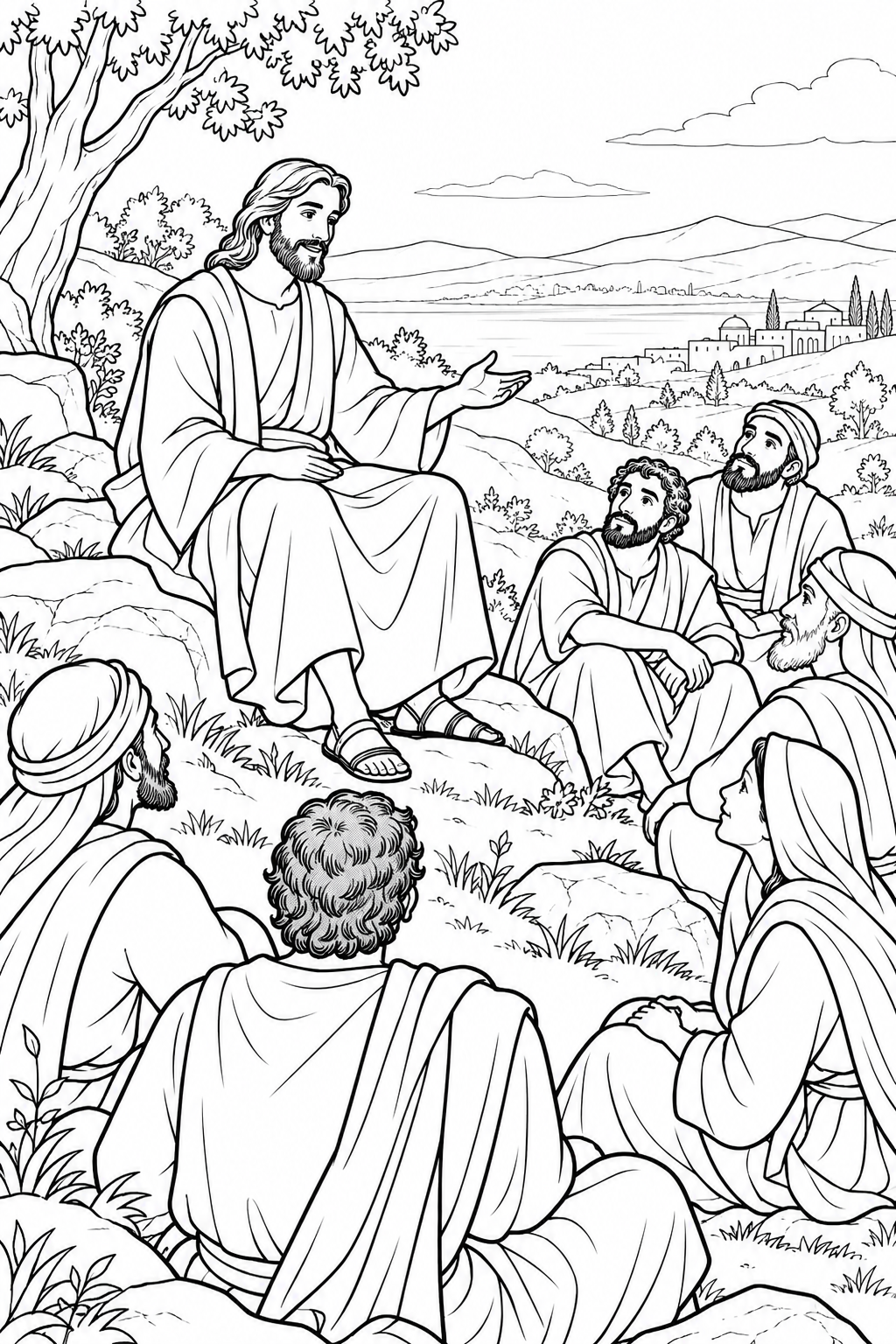 Jesus Teaches on the Mountain from The Sermon on the Mount Bible coloring page
