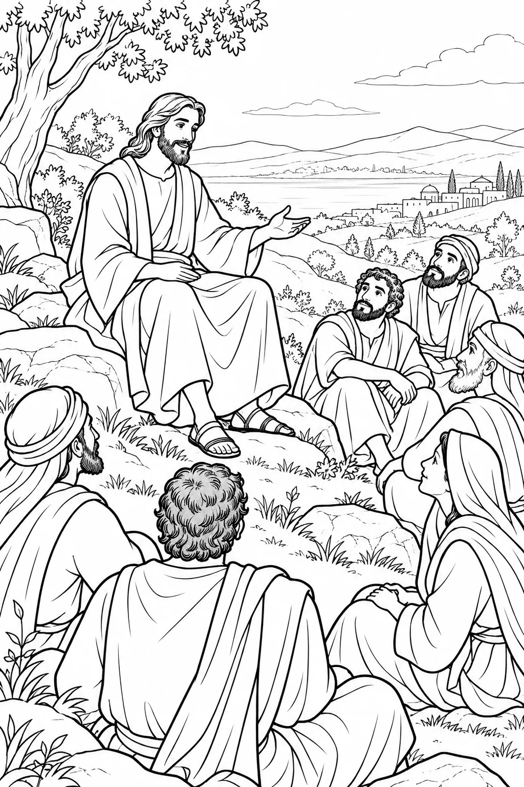 Jesus Teaches on the Mountain Bible coloring page