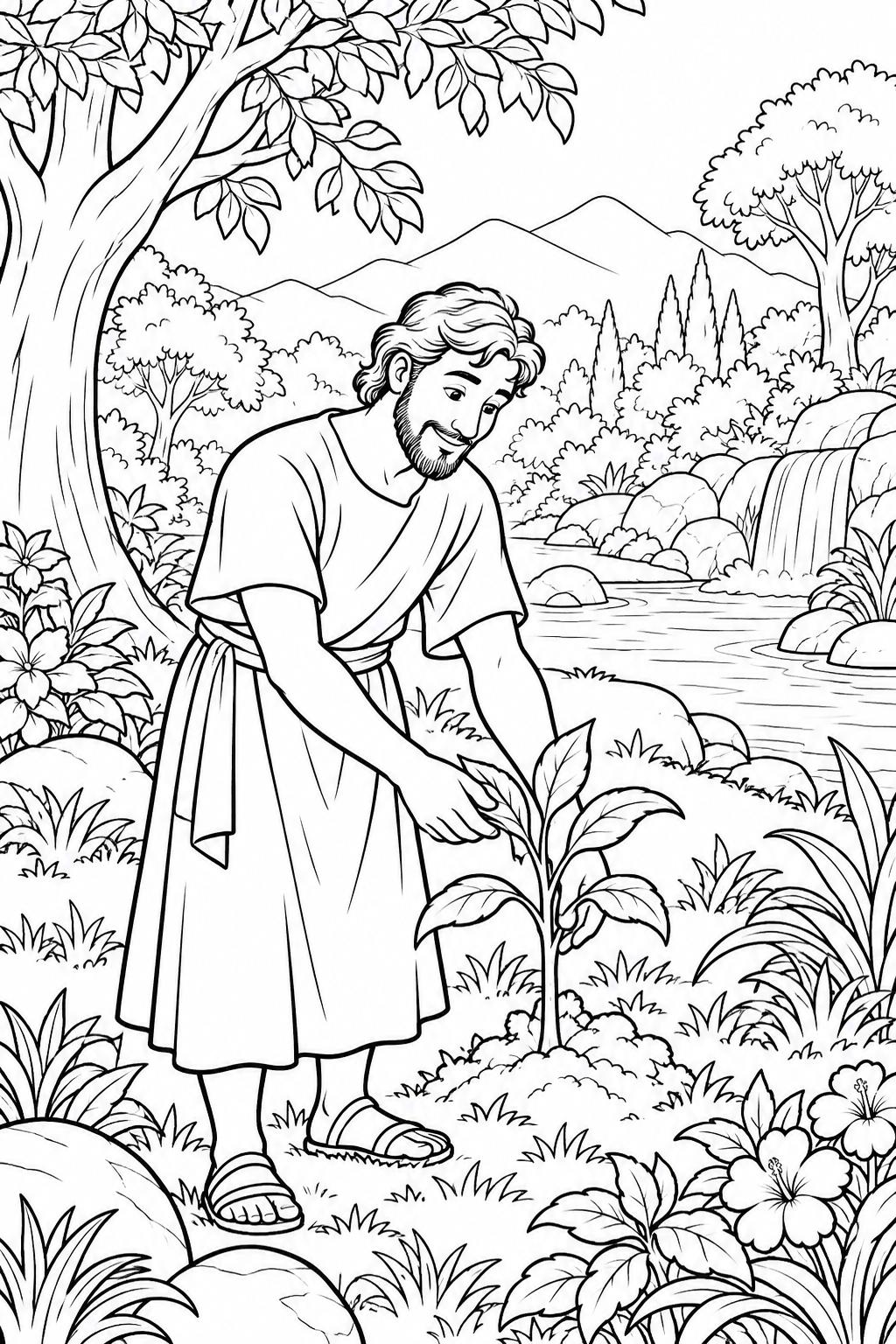 Adam Cares for the Garden from Adam and Eve in the Garden Bible coloring page