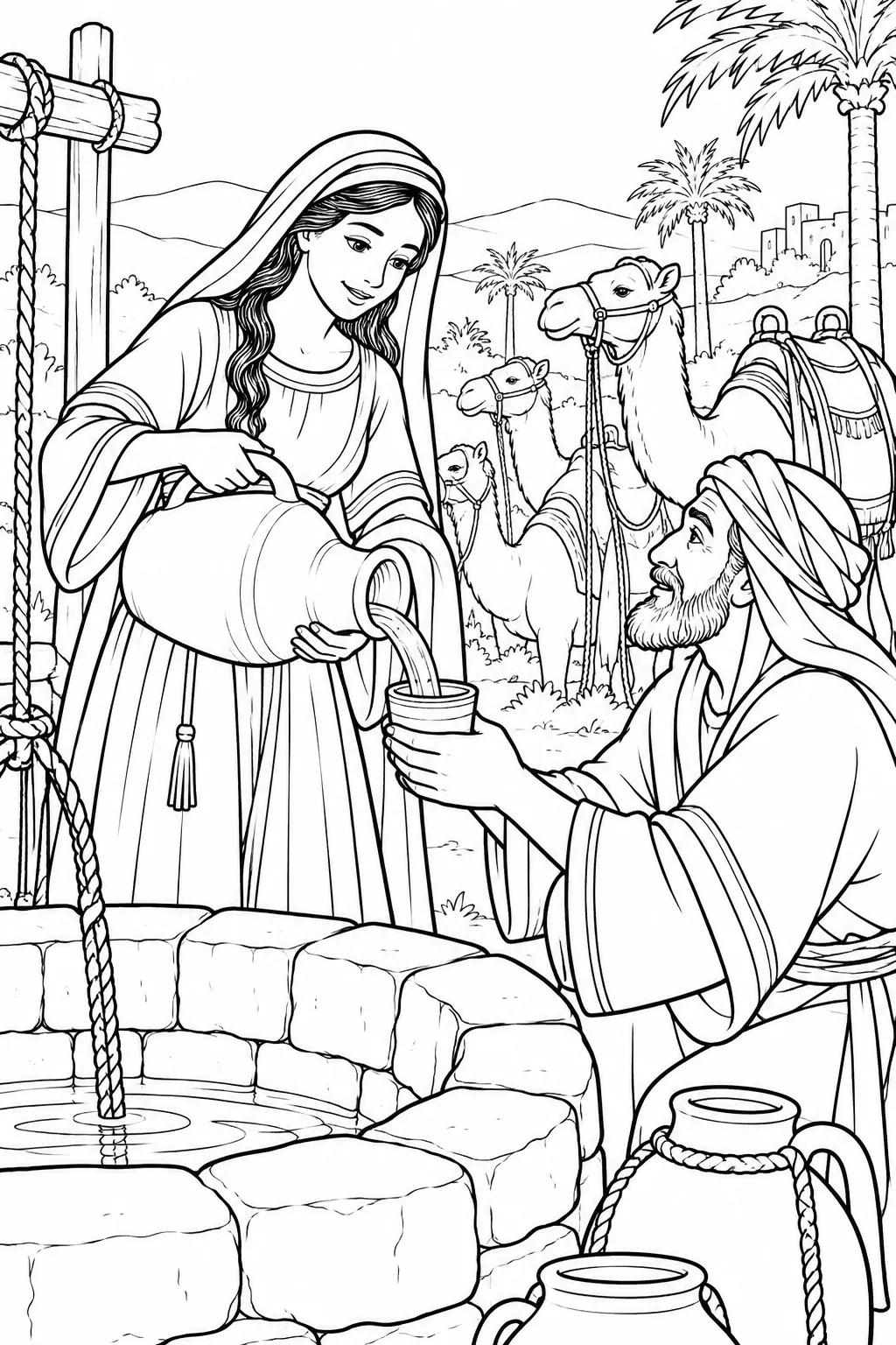 Rebekah Offers Water Bible coloring page