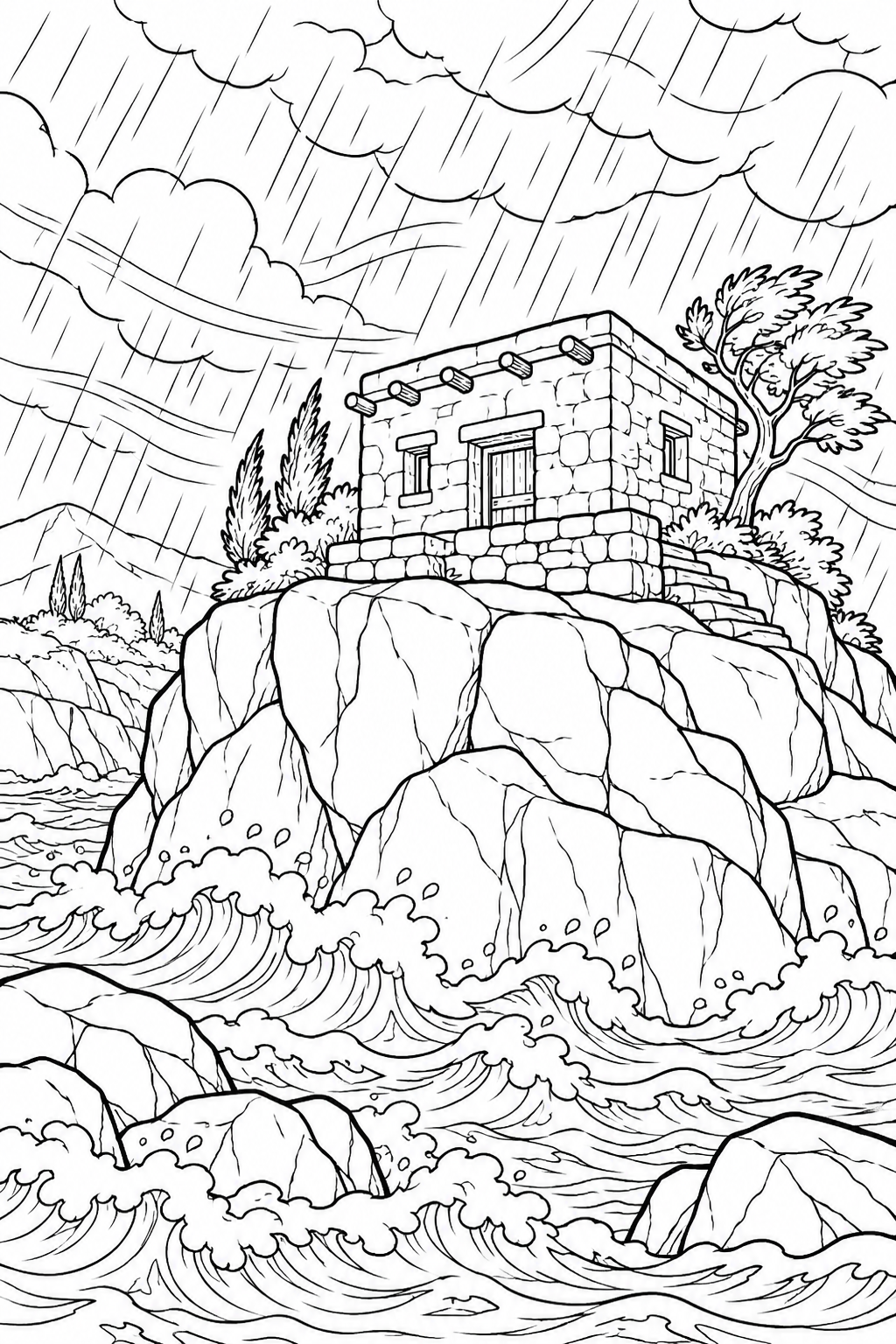 The House on the Rock from The Wise and Foolish Builders Bible coloring page