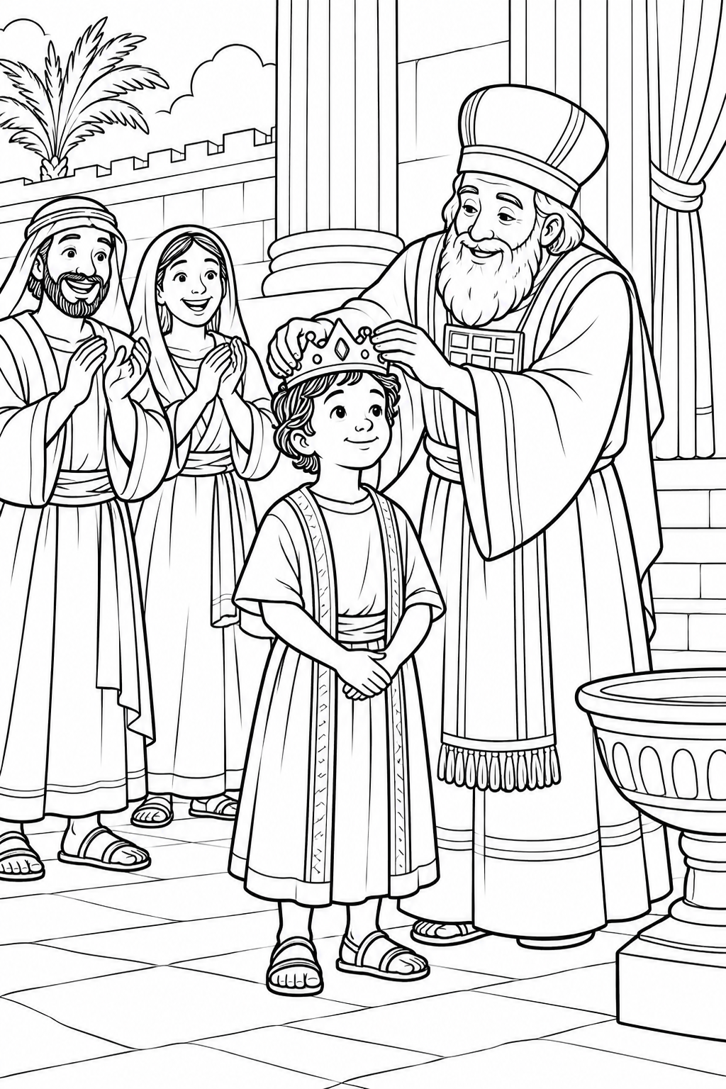 Joash Receives the Crown from Young King Joash Bible coloring page