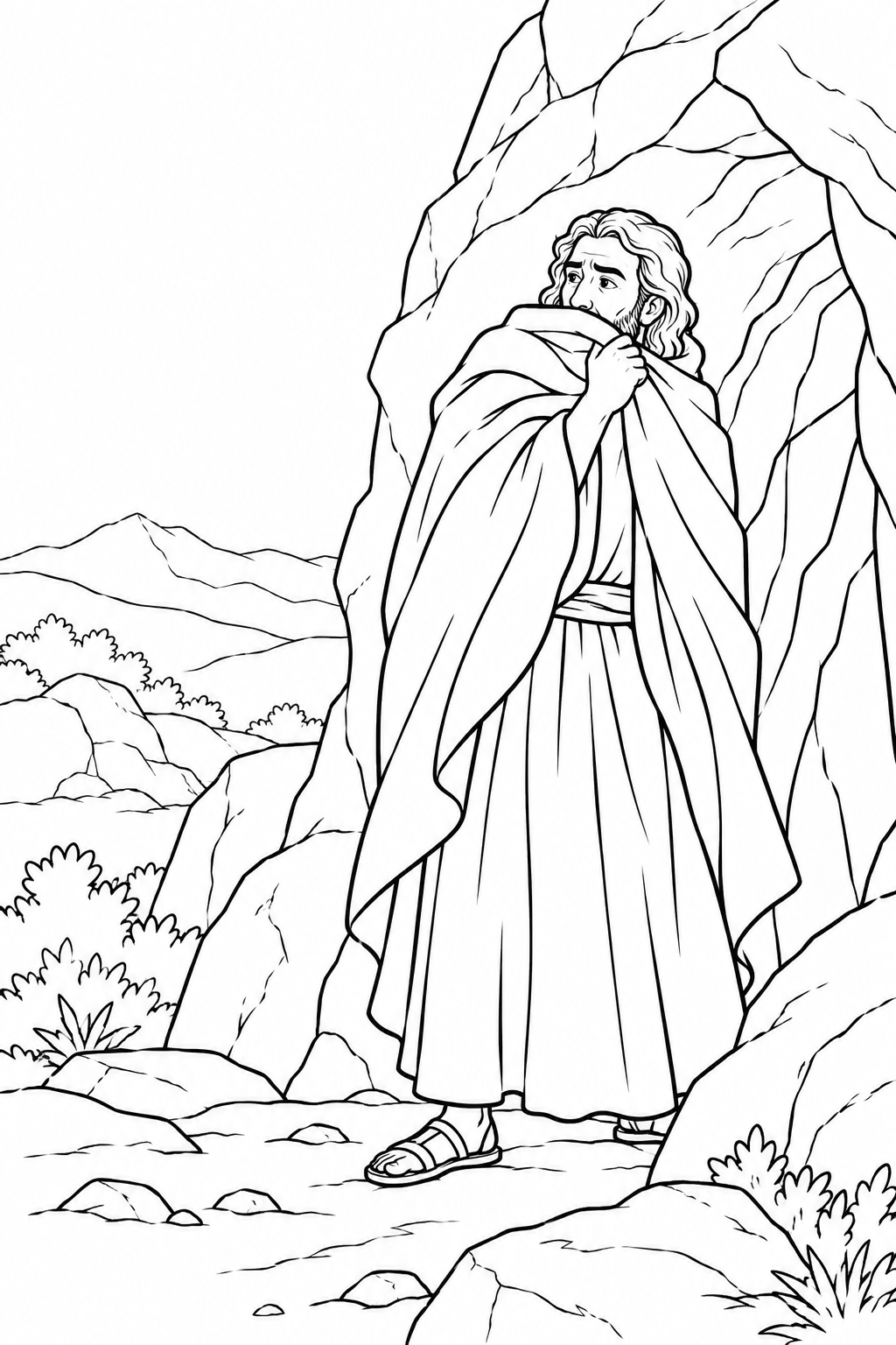 Elijah at the Cave Entrance from Elijah Hears the Gentle Whisper Bible coloring page