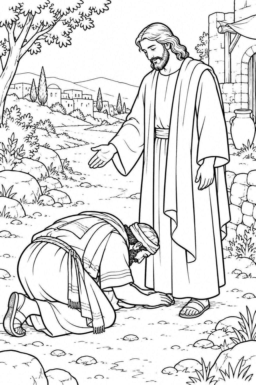 One Man Returns to Thank Jesus from Jesus Heals Ten Lepers Bible coloring page