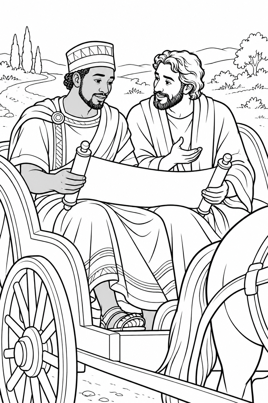 Philip Explains the Scroll from Philip and the Ethiopian Official Bible coloring page