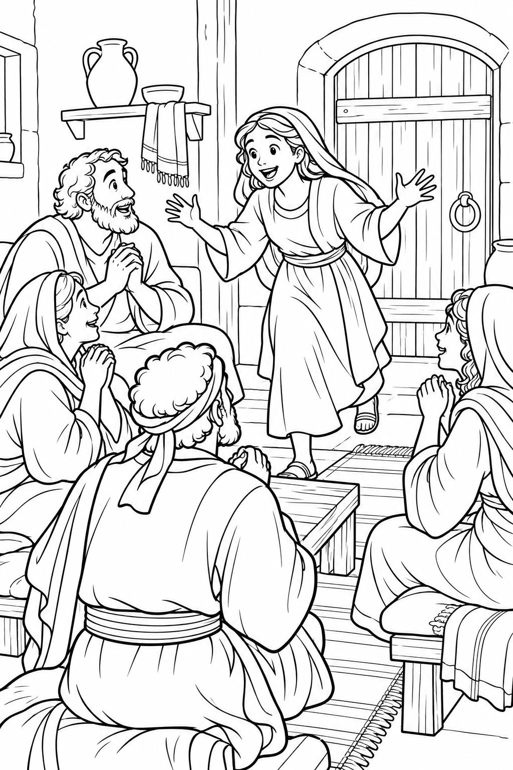 Rhoda Shares the News from Peter Is Released from Prison Bible coloring page